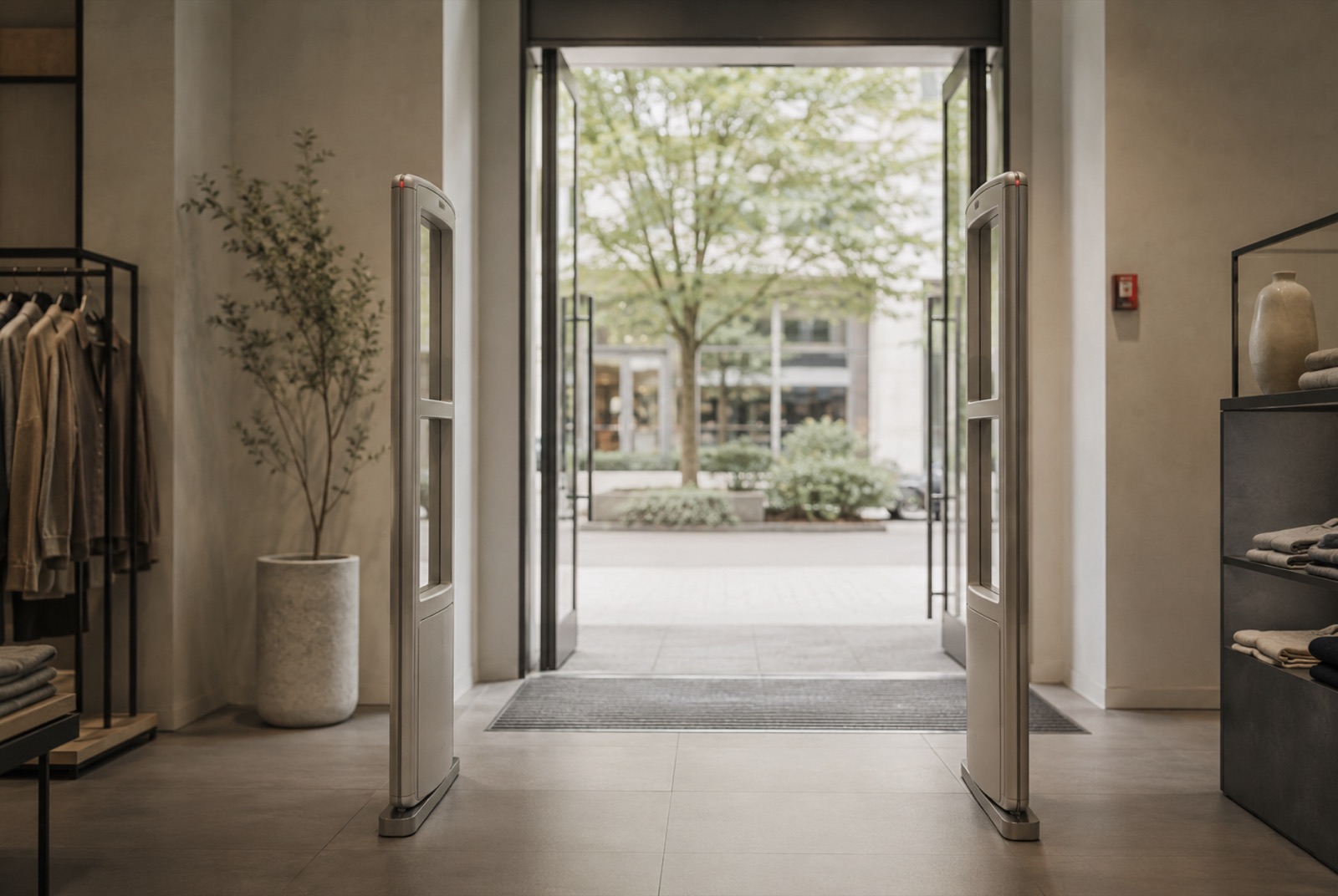 EAS antenna pedestals at a retail store exit