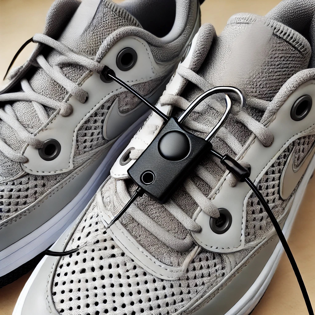 Sneaker secured with a lanyard security tag
