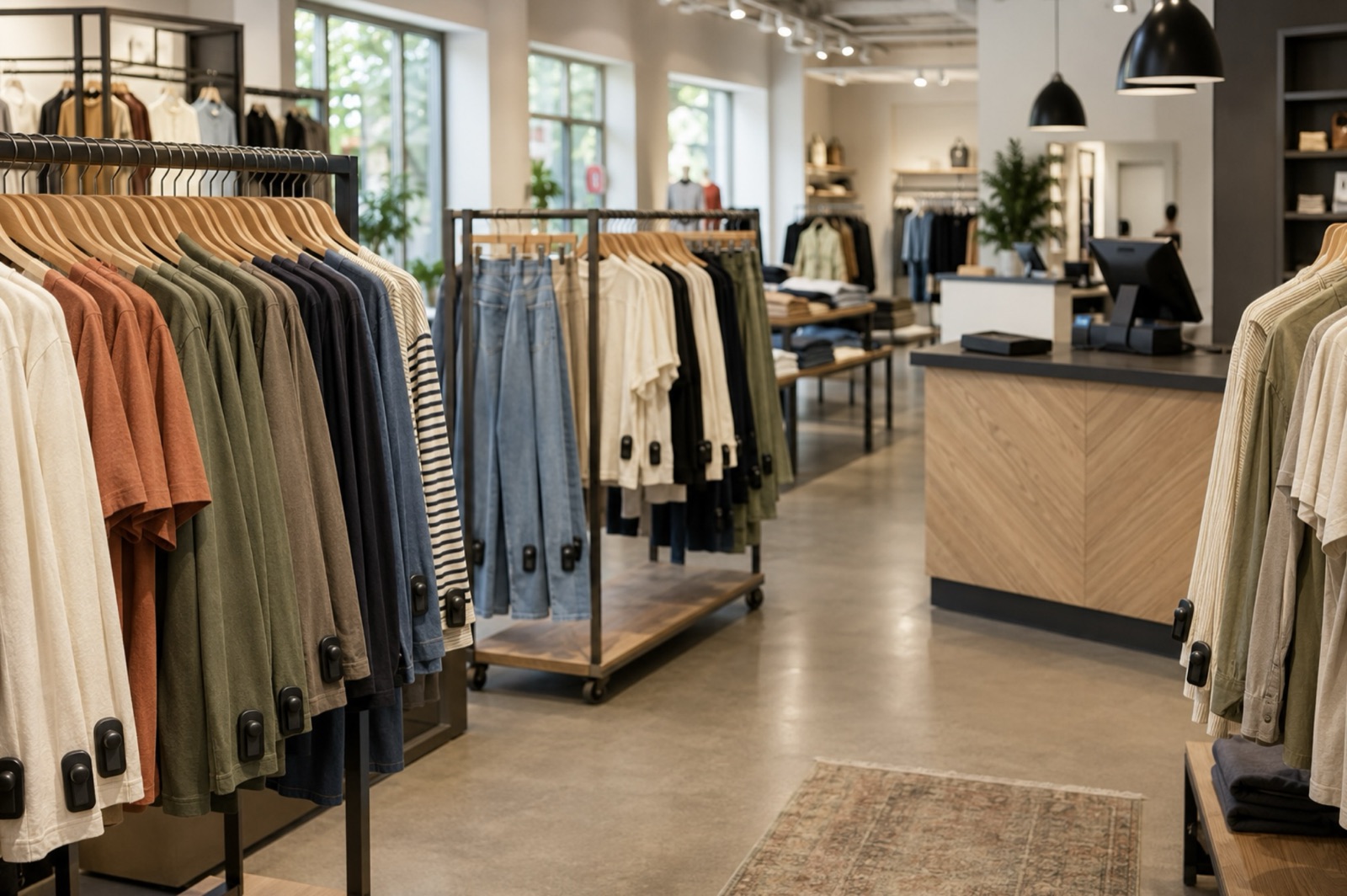 Clothing store sales floor with security tags visible on every garment