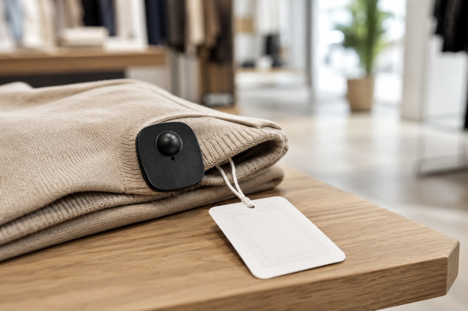 Hard security tag on a folded sweater with an inlay ticket attached