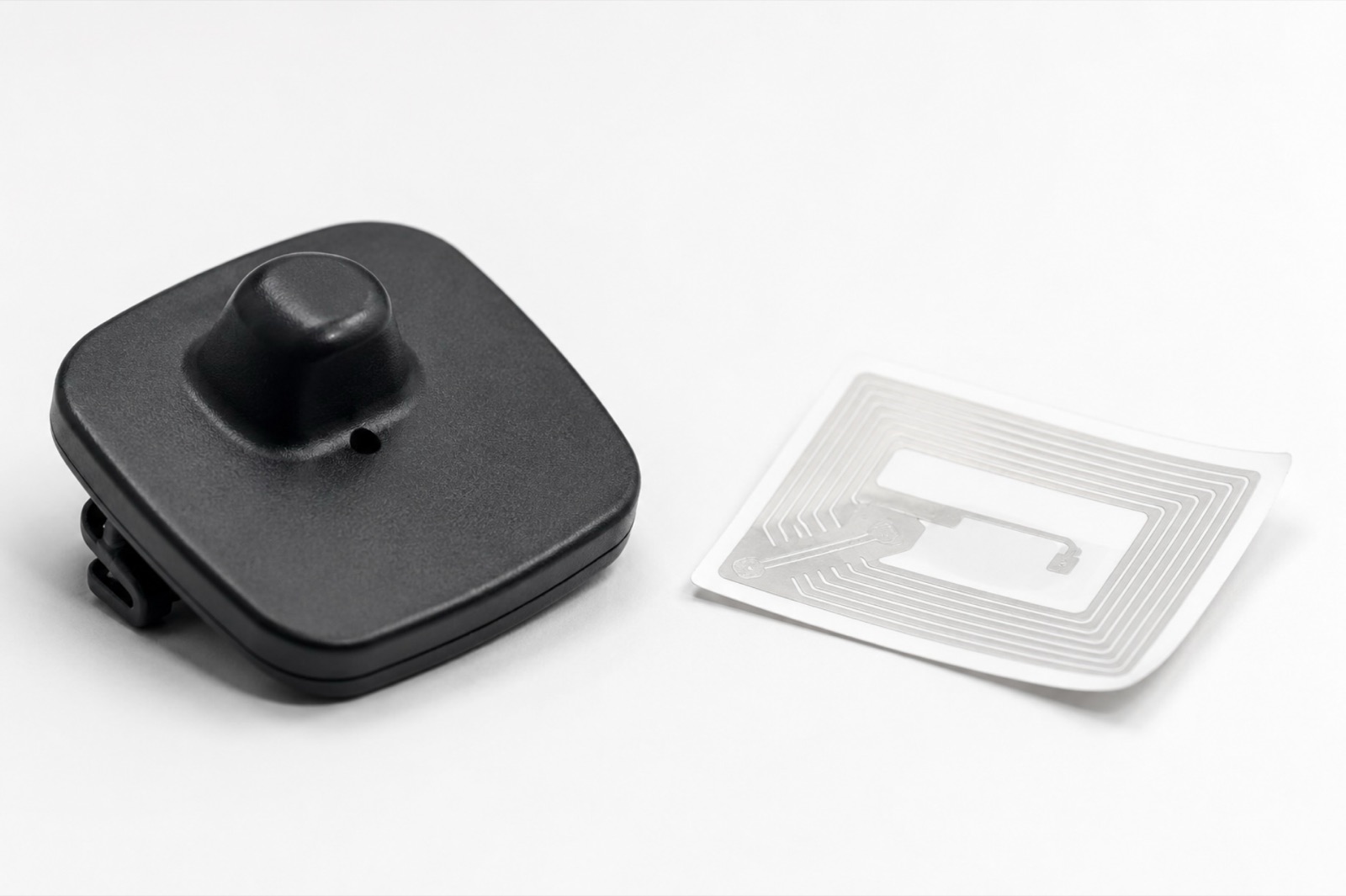 EAS hard security tag beside an RFID label inlay