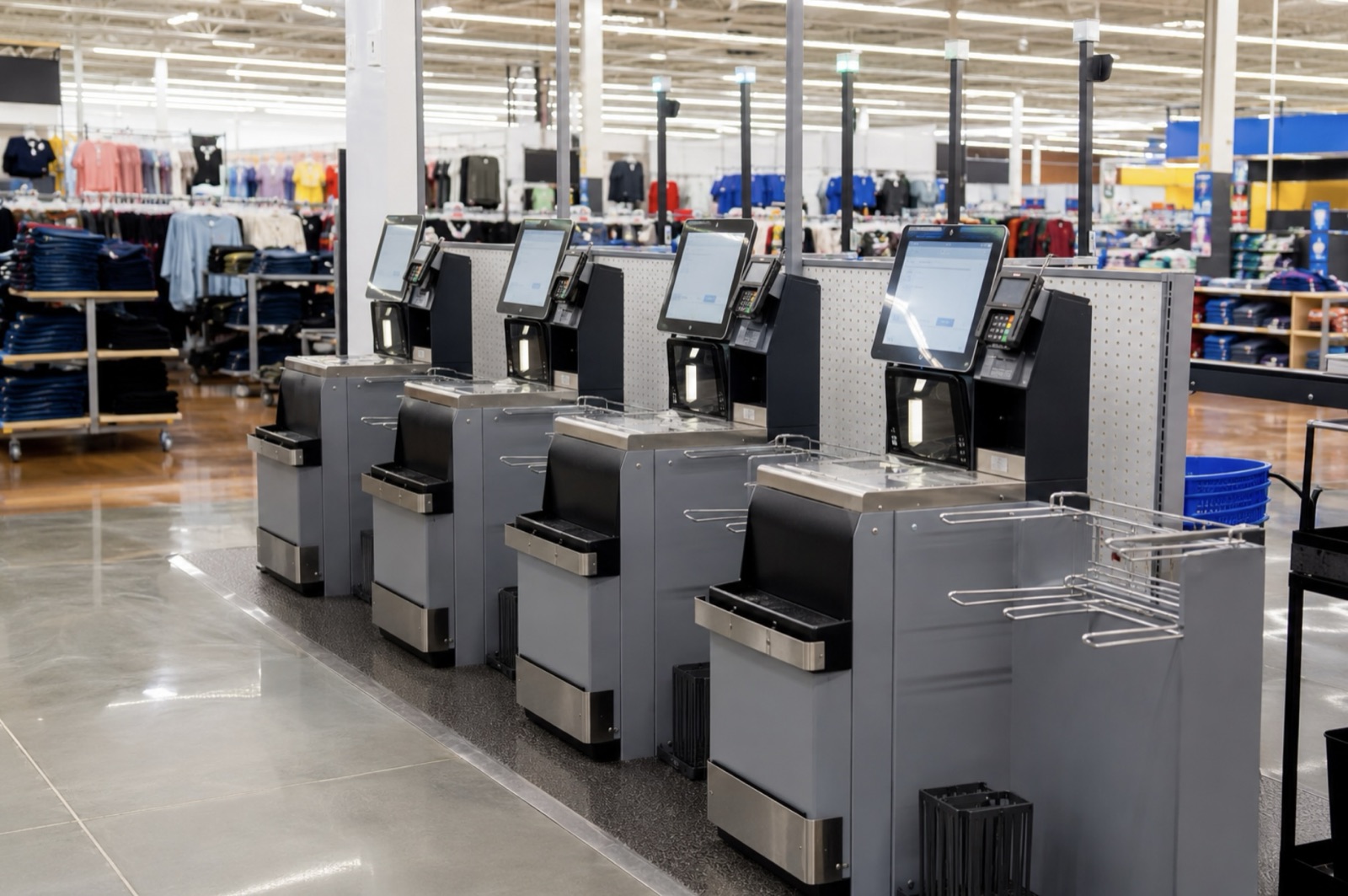 Row of self checkout kiosks on an apparel sales floor