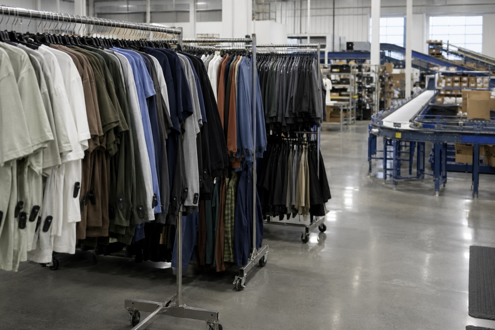 Racks of garments with security tags in a distribution warehouse
