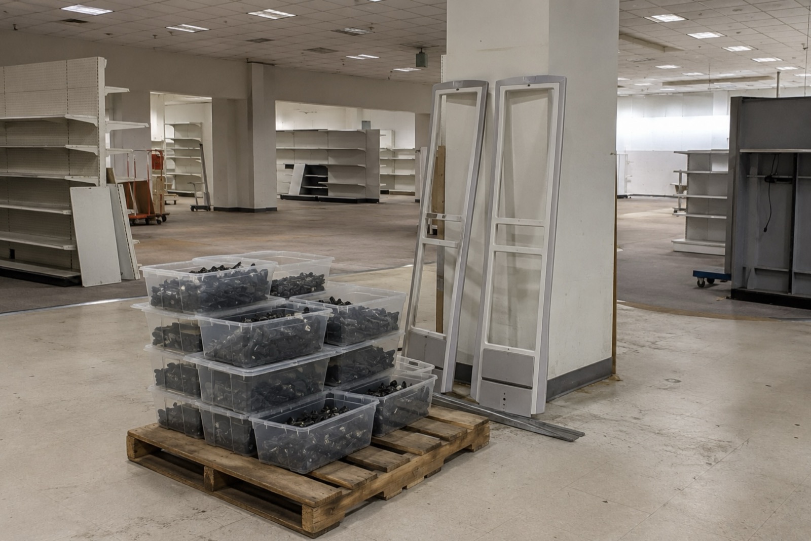 Emptied retail floor with a pallet of binned security tags and two unbolted EAS pedestals leaning against a column